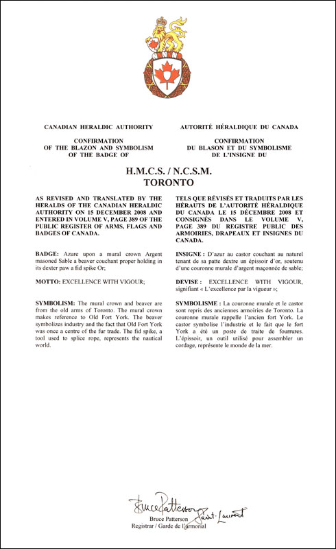 Letters patent confirming the blazon of the Badge of HMCS Toronto