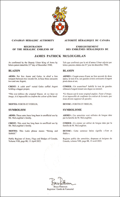 Letters patent registering the heraldic emblems of James Patrick McLoughlan