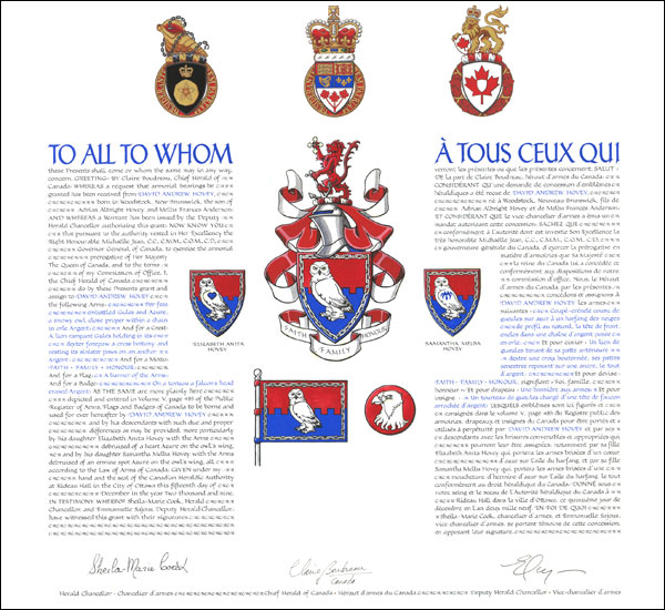 Letters patent granting heraldic emblems to David Andrew Hovey
