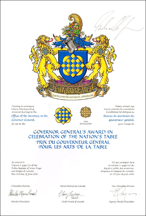 Letters patent granting heraldic emblems for the use of the Governor General award in celebration of the Nation'sTable