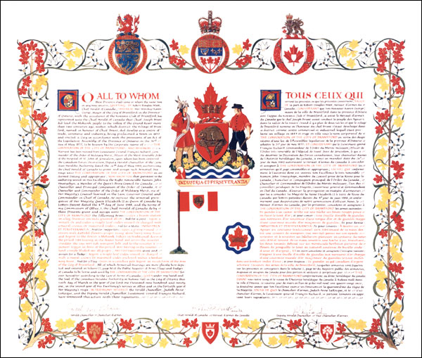 Letters patent granting heraldic emblems to The Corporation of the City of Brantford