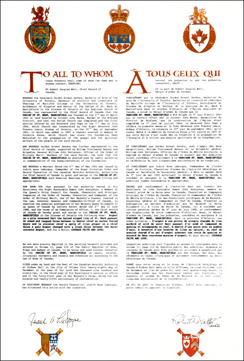 Letters patent granting heraldic emblems to the Parish of St. Mark