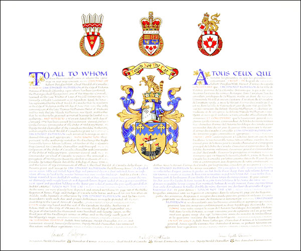 Letters patent granting heraldic emblems to Ian Edward McPherson