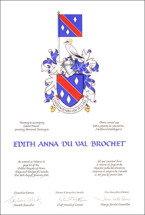 Letters patent granting heraldic emblems to Edith Anna Du Val Brochet