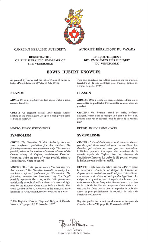 Letters patent registering the heraldic emblems of Edwin Hubert Knowles