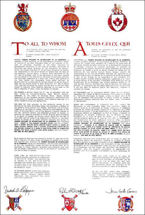 Letters patent registering the heraldic emblems of Jacques Brillant de Boisbrillant de la Durantaye