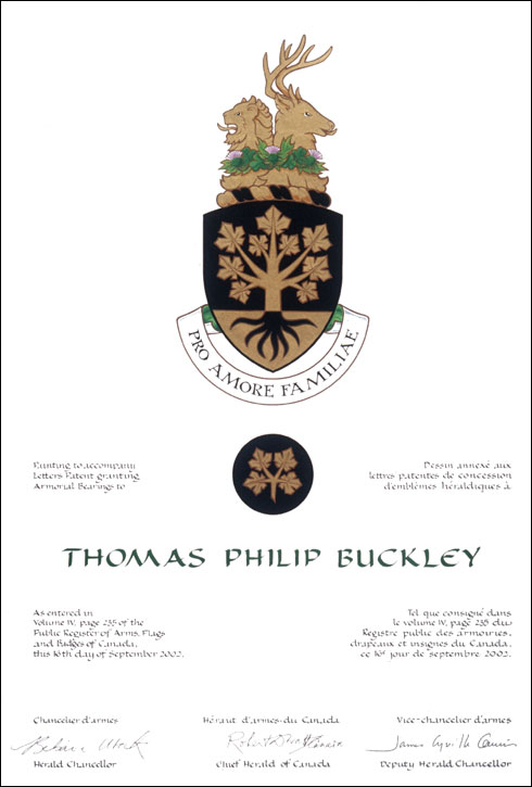 Letters patent granting heraldic emblems to Thomas Philip Buckley
