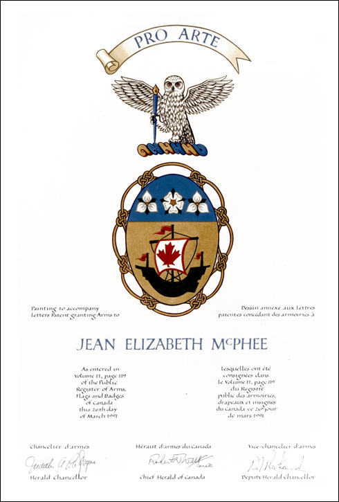 Lettres patentes concédant des emblèmes héraldiques à Jean Elizabeth McPhee
