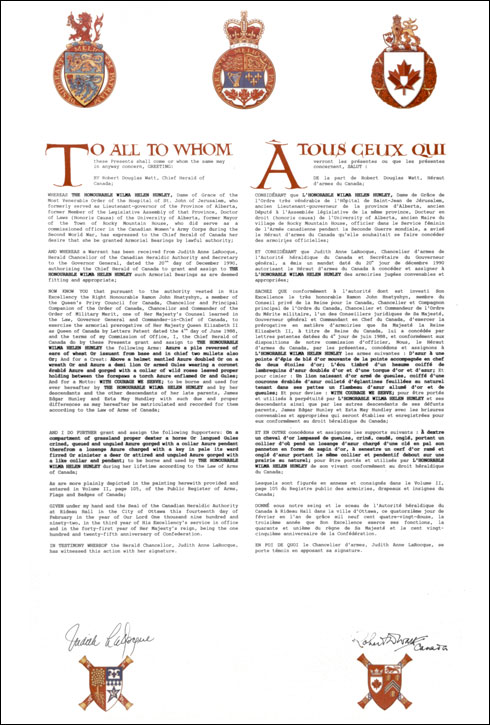 Lettres patentes concédant des emblèmes héraldiques à Wilma Helen Hunley