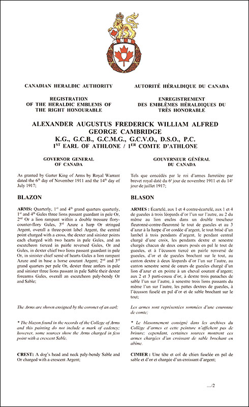 Letters patent registering the heraldic emblems of Alexander Augustus Frederick William Alfred George Cambridge