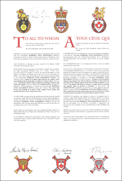 Letters patent granting heraldic emblems to Barbara Anne Hagerman