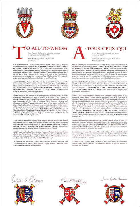 Letters patent granting heraldic emblems to The Military and Hospitaller Order of Saint Lazarus of Jerusalem in Canada