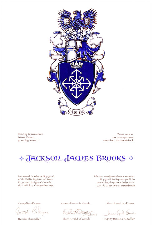 Letters patent granting Armorial Bearing to Jackson James Brooks