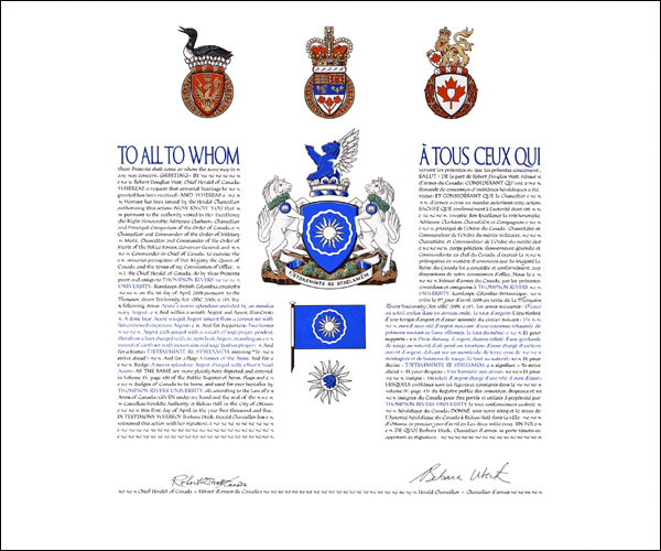 Letters patent granting heraldic emblems to Thompson Rivers University