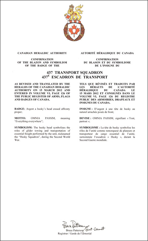 Letters patent confirming the blazon of the Badge of the 437 Transport Squadron