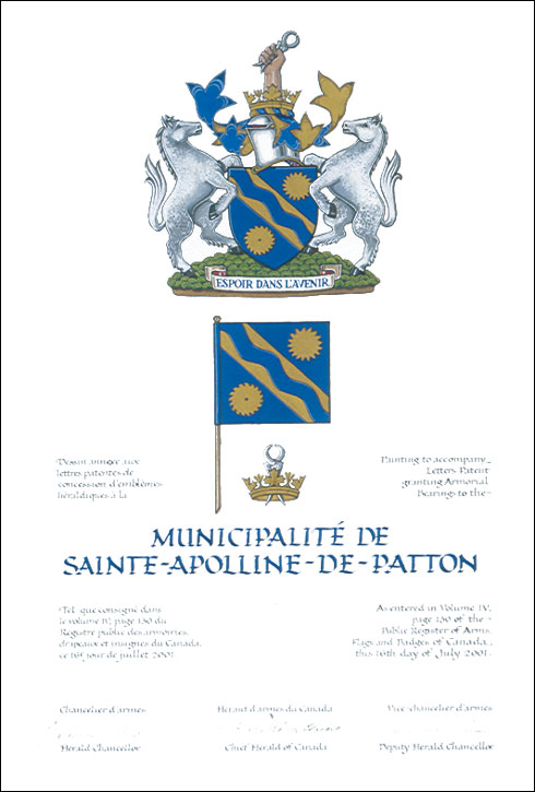 Letters patent granting heraldic emblems to the Municipalité de Sainte-Apolline-de-Patton
