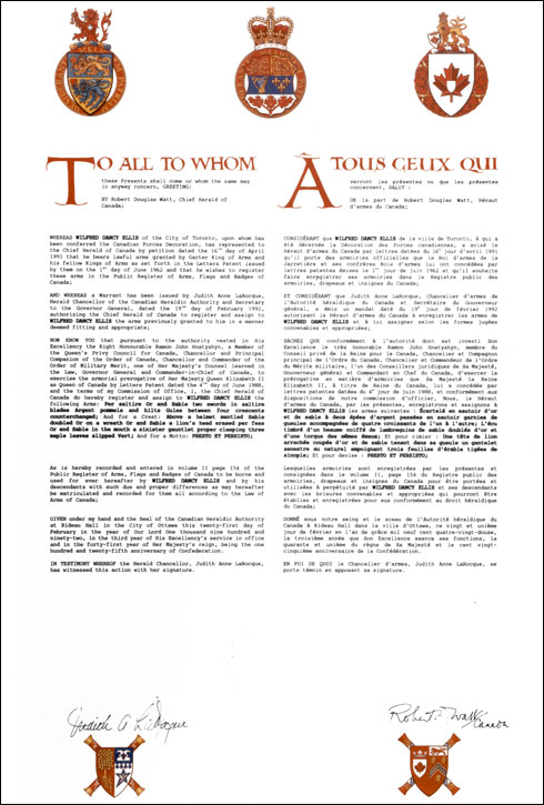 Letters patent registering the heraldic emblems to Wilfred Dancy Ellis