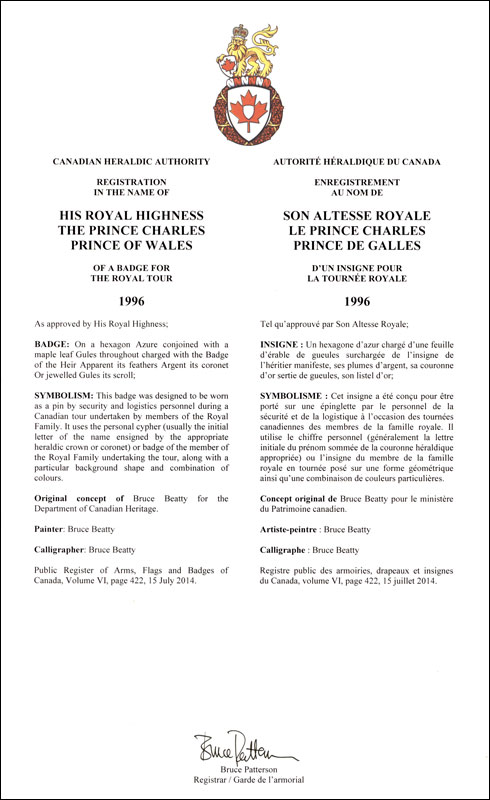 Letters patent registering the heraldic emblems of Prince Charles, Prince of Wales
