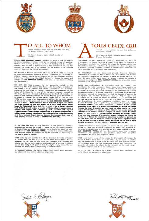 Letters patent granting heraldic emblems to Earl Beardsley Connell