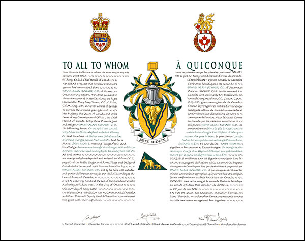 Letters patent granting heraldic emblems to David Alan Scharf