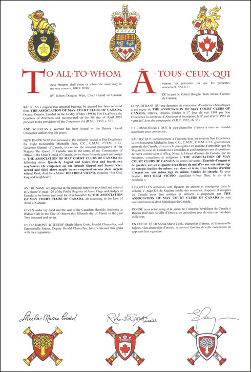 Letters patent granting heraldic emblems to The Association of May Court Club of Canada