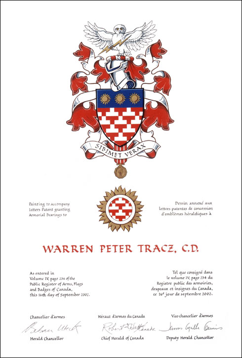 Letters patent granting heraldic emblems to Warren Peter Tracz