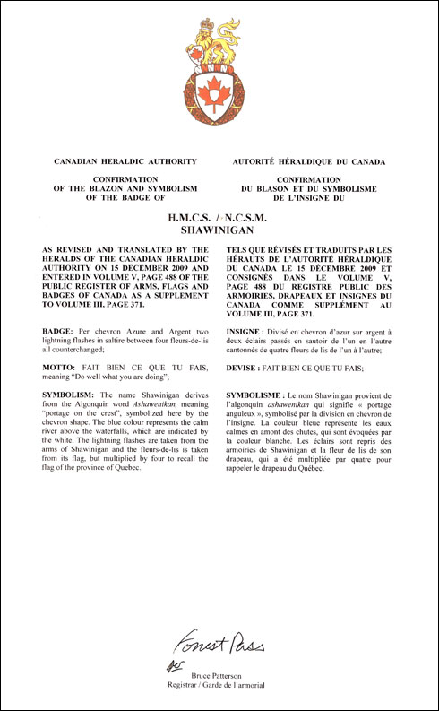 Letters patent confirming the blazon of the Badge of HMCS Shawinigan