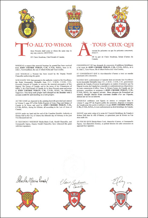 Letters patent granting heraldic emblems to John Crosbie Perlin
