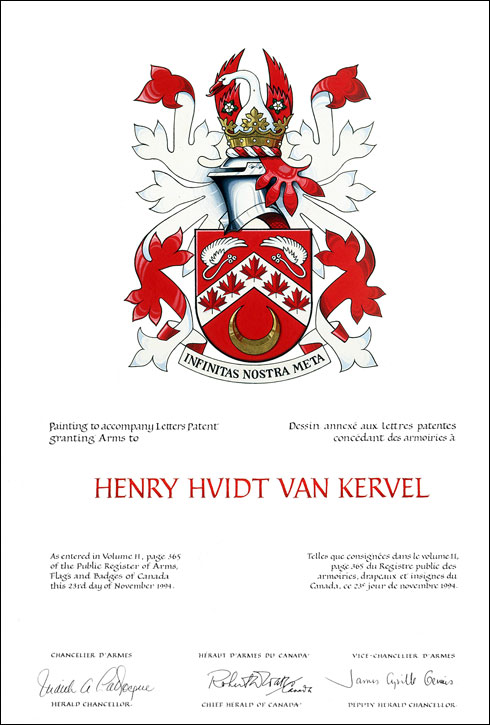 Letters patent granting heraldic emblems to Henry Hvidt van Kervel