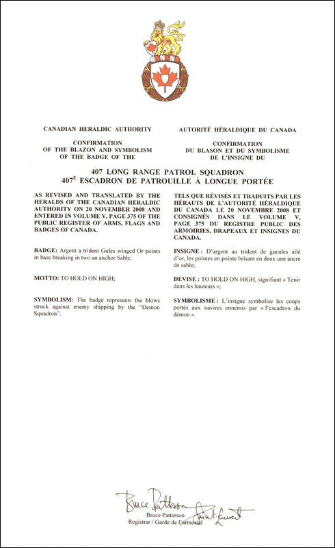 Letters patent confirming the blazon of the Badge of the 407 Long Range Patrol Squadron