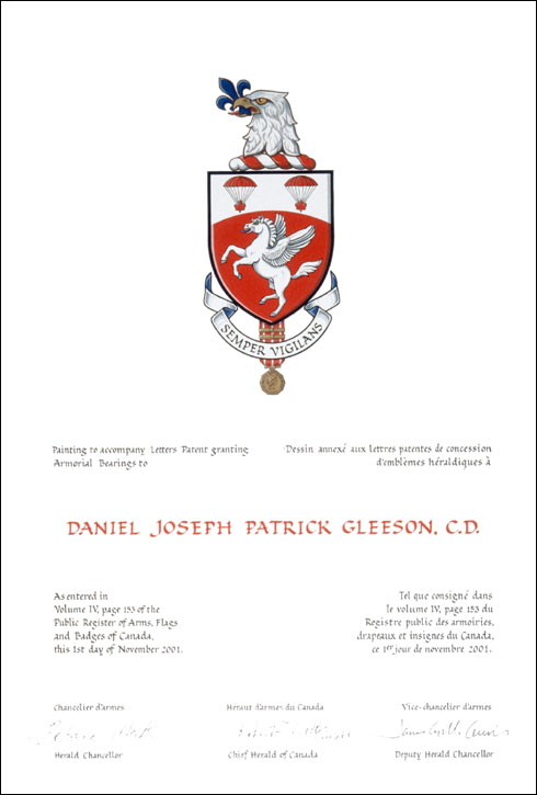 Letters patent granting heraldic emblems to Daniel Joseph Patrick Gleeson