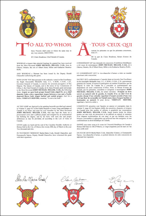 Letters patent granting heraldic emblems to John Michael Miller