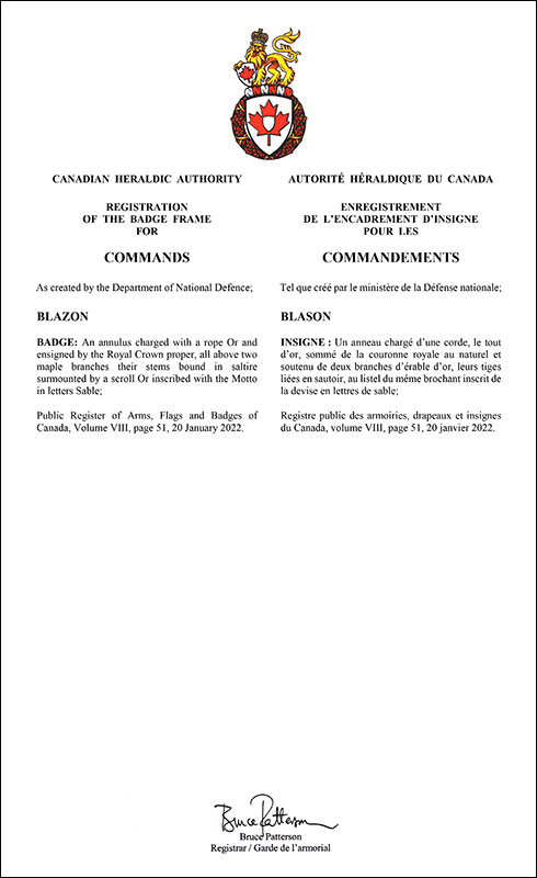 Letters patent registering the badge frame for Commands of the Canadian Armed Forces