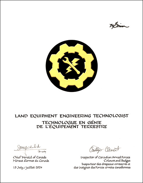 Lettres patentes approuvant l’insigne de technologue en génie de l’équipement terrestre