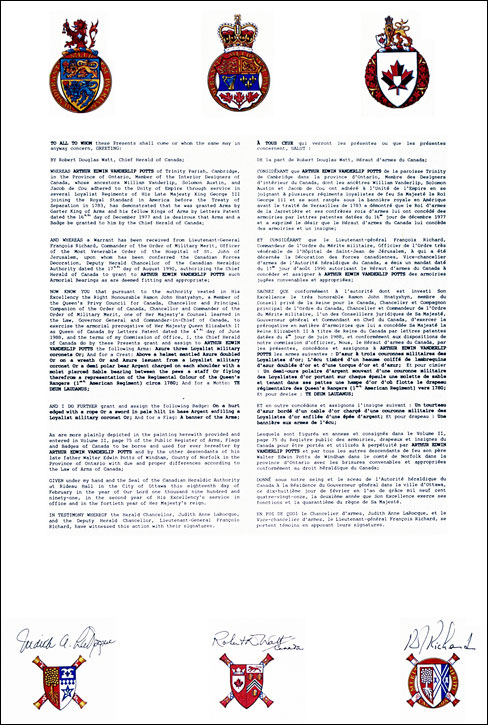 Lettres patentes concédant des emblèmes héraldiques à Arthur Edwin Vanderlip Potts