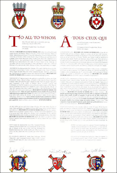 Lettres patentes enregistrant les emblèmes héraldiques de Richard Ian Lloyd Sutherland