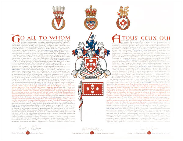 Letters patent granting heraldic emblems to the National Club