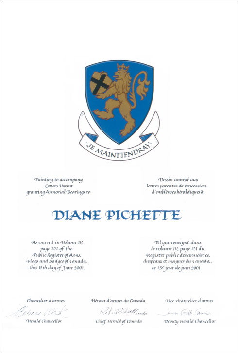 Letters patent granting heraldic emblems to Diane Pichette
