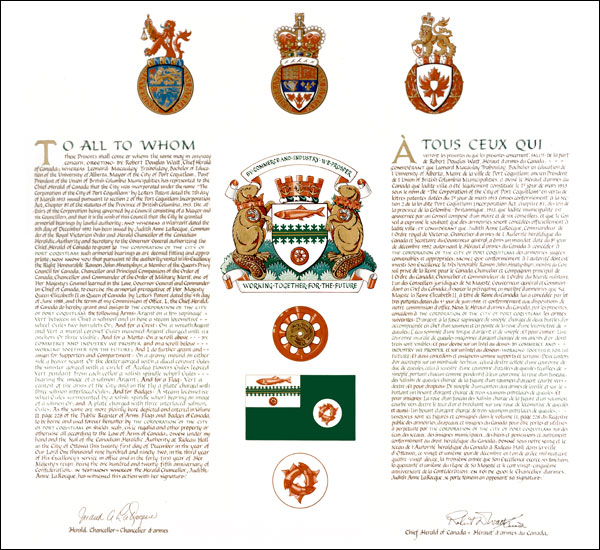 Letters patent granting heraldic emblems to The Corporation of the City of Port Coquitlam
