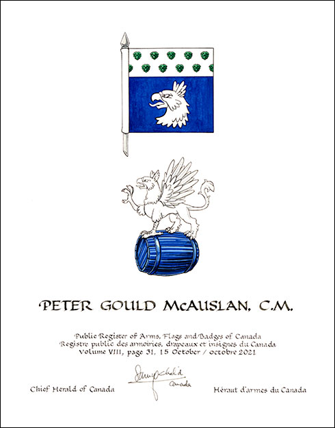 Letters patent granting heraldic emblems to Peter Gould McAuslan