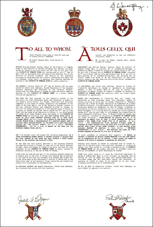 Letters patent granting heraldic emblems to the District of Tumbler Ridge