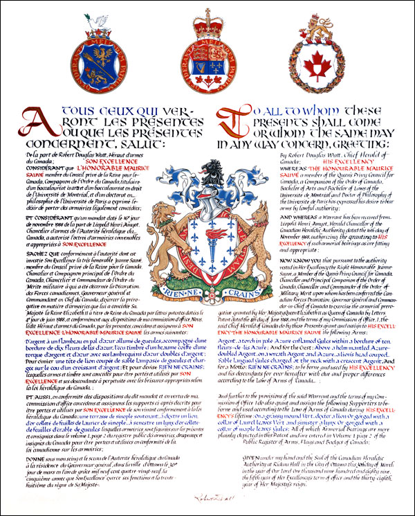 Letters patent granting heraldic emblems to Maurice Sauvé