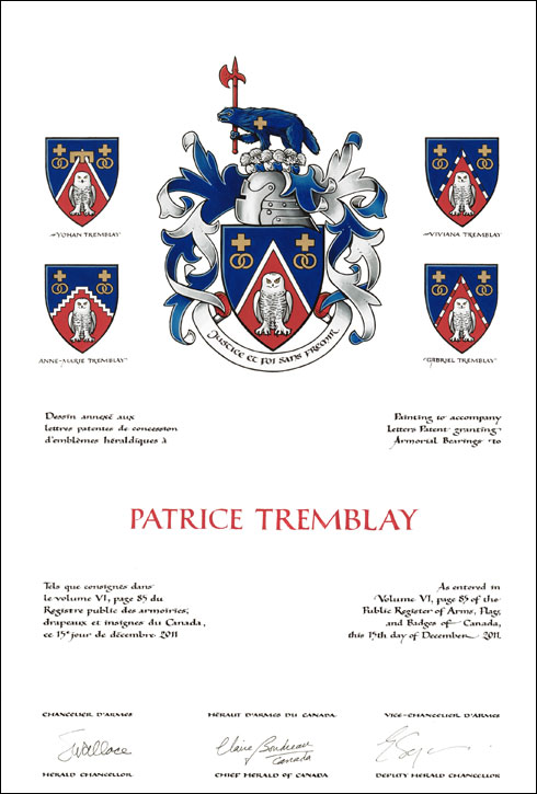 Lettres patentes concédant des emblèmes héraldiques à Patrice Tremblay