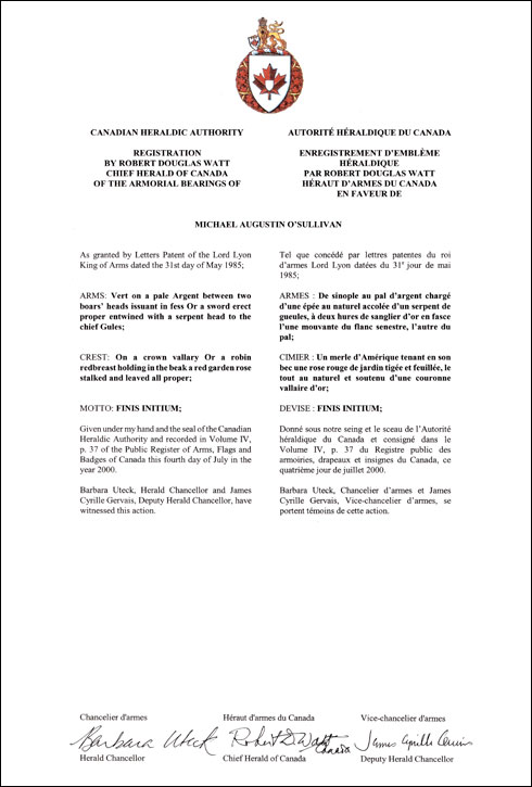 Lettres patentes enregistrant les emblèmes héraldiques de Michael Augustin O'Sullivan