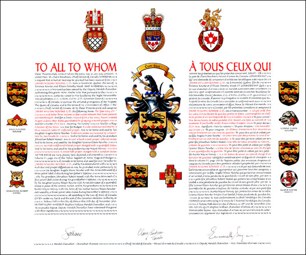 Letters patent granting heraldic emblems to James William Rourke