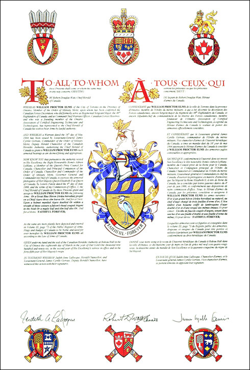 Letters patent granting heraldic emblems to William Proctor Elms