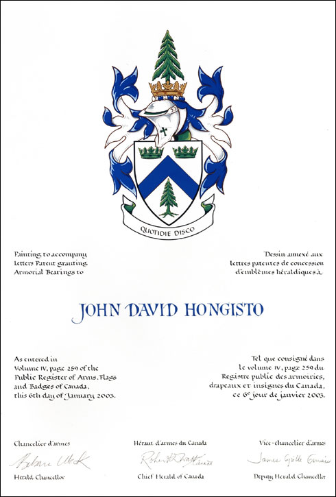 Letters patent granting heraldic emblems to John David Hongisto