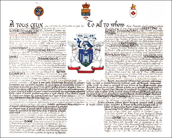 Letters patent granting heraldic emblems to Gilles Lamontagne