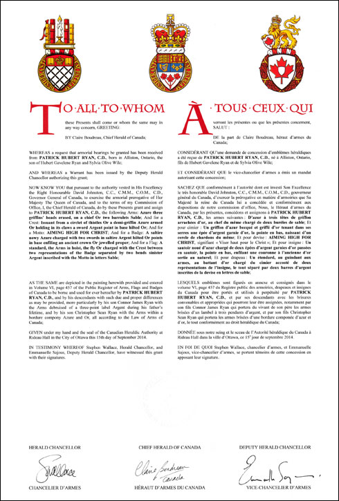Letters patent granting heraldic emblems to Patrick Hubert Ryan