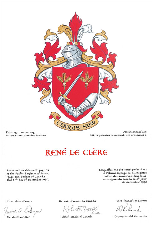 Letters patent granting heraldic emblems to René le Clère